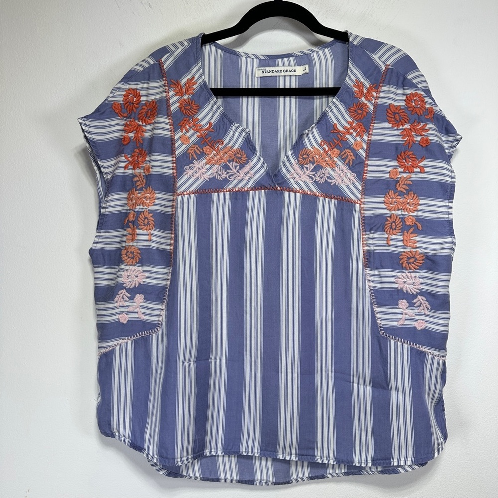 Embroidered Striped Lyocell Blouse Boho Boxy Lightweight Blue Short Sleeve Top L